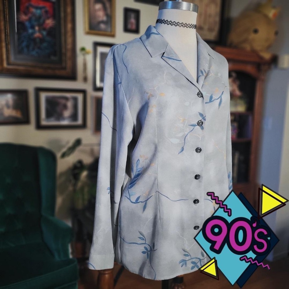 Vintage 90s Yessica Gray Floral Button Front Blouse Long Sleeve Medium Shirt Top